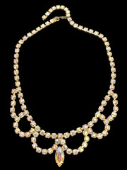 1950s Aurora Borealis AB Clear Rhinestone Gold tone 15″ Choker swag NECKLACE adj