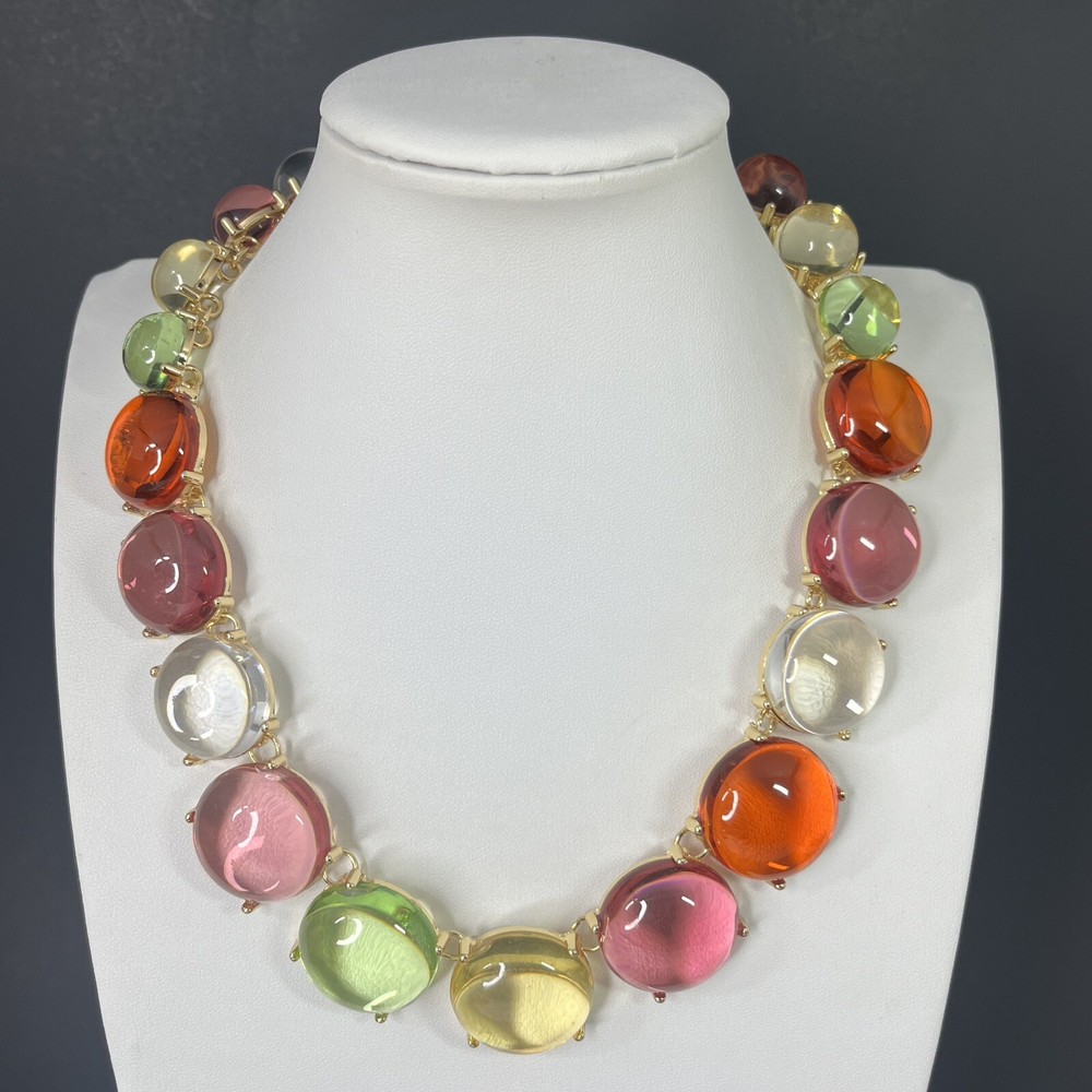 Gripoix Style Riviere Necklace Choker Pink Green Gumdrop Cabochon Gold Tone