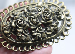 Antique VTG 30’s gold tone large rose flower braid swirl edges oval brooch pin