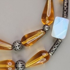 Vintage Glass Beaded Necklace Opalite Brown Teardrop 19″