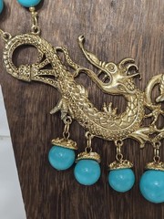 Double Strand Chunky Turquoise Color Blue Bead Necklace Gold Tone Dragon Pendant