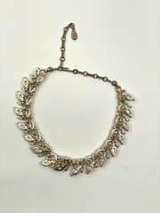 Vintage Lisner Faux Pearl Necklace Signed Rhinestone Floral Silver Tone MCM