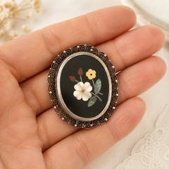 Antique Italian Pietra Dura Floral Mosaic Brooch 800 Silver Filigree Frame