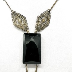 Antique 1920s Art Deco Black Filigree Drop Necklace-Elegant Flapper Lavalier