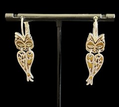 VTG Retro Silver Tone & Yellow/Brown Enamel Owl Necklace Earrings Set ~1960s