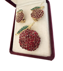 Rare Vintage LA ROCO Gold Tone Red Green Rhinestone Cherry Brooch & Earring Set