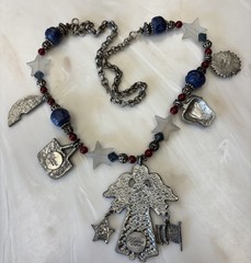 Marcie Signed 27” Pewter Charm & Beads Necklace PATRIOTIC Angel Picnic Sunflower