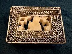 Antique Chinese Silver Tone Highly Detailed 3D Hand Carved Pin / Brooch