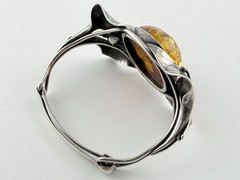 Vintage Sterling Silver Polish Baltic Amber Flower Setting Bangle Bracelet 7 In