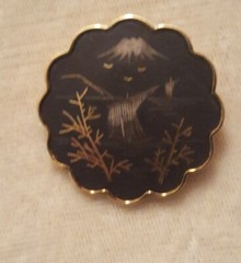 Vintage Signed AMITA Japan Gold Black Silver Damascene Pin Brooch Sailing Ship