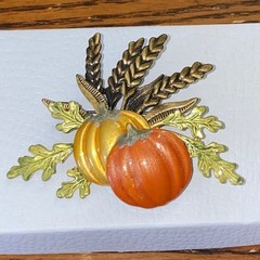 Vintage Harvest Fall Pumpkin Brooch Autumn Halloween Signed KC Gourd Squash