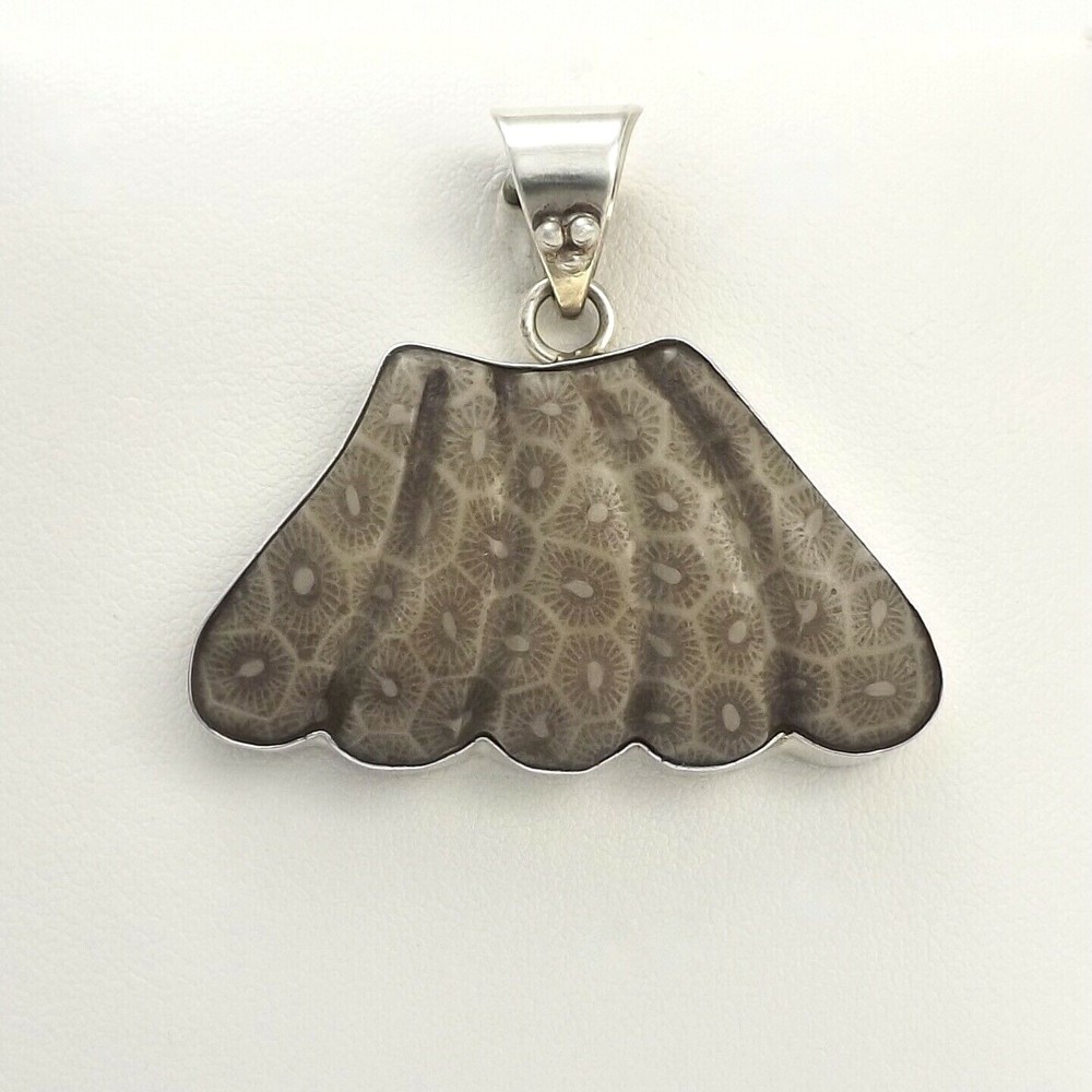Vintage Sterling Silver Fossil Coral Fossilized Fan Whale Tail Charm Pendant