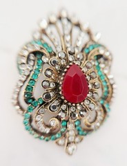 Vintage Style Red Teardrop Brooch Pin, Antique Gold Floral Statement Jewelry