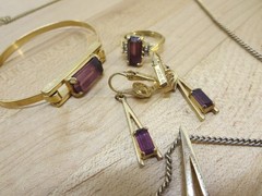 1976 Avon Gold Tone Faux Amethyst Purple Necklace Ear Ring & Bracelet Set