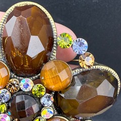 Vintage Rhinestone Brooch Brown Orange Gold Tone READ