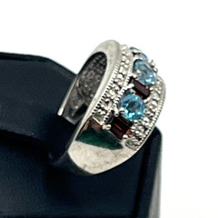 VTG Ring Sz 7 Blue Topaz Garnet Diamond Chips Channel Signed Sterling 925 Tested