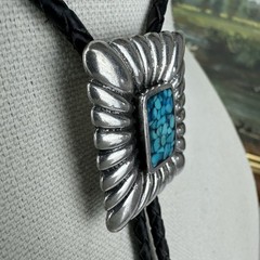 Vintage Silver Pewter Turquoise Chip Inlay Western Bolo Tie Nickel Silver Tips