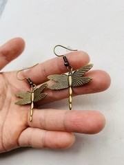 Vintage Style Antiqued Bronze Tone Art Nouveau Dragonfly Elegant Hook Earrings