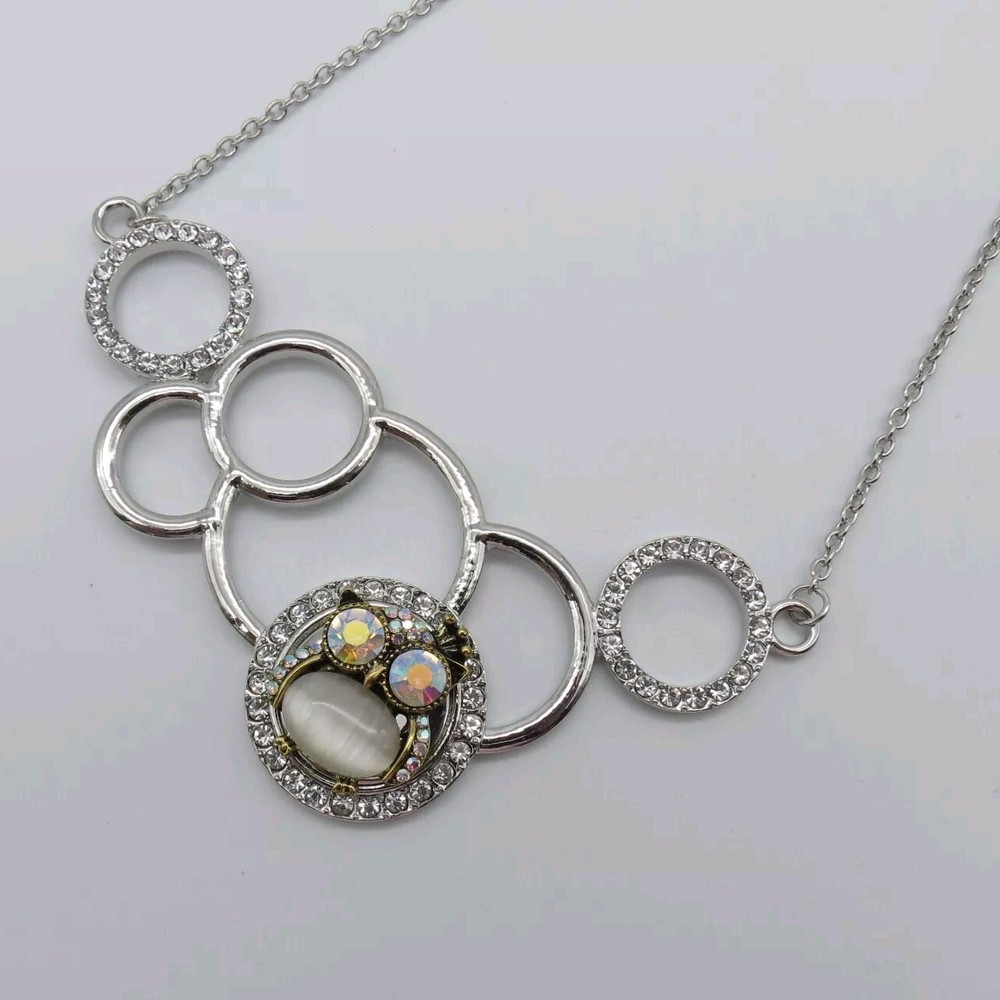 Owl AB Rhinestones Moonglow Cabochon Necklace Silver Tone Statement