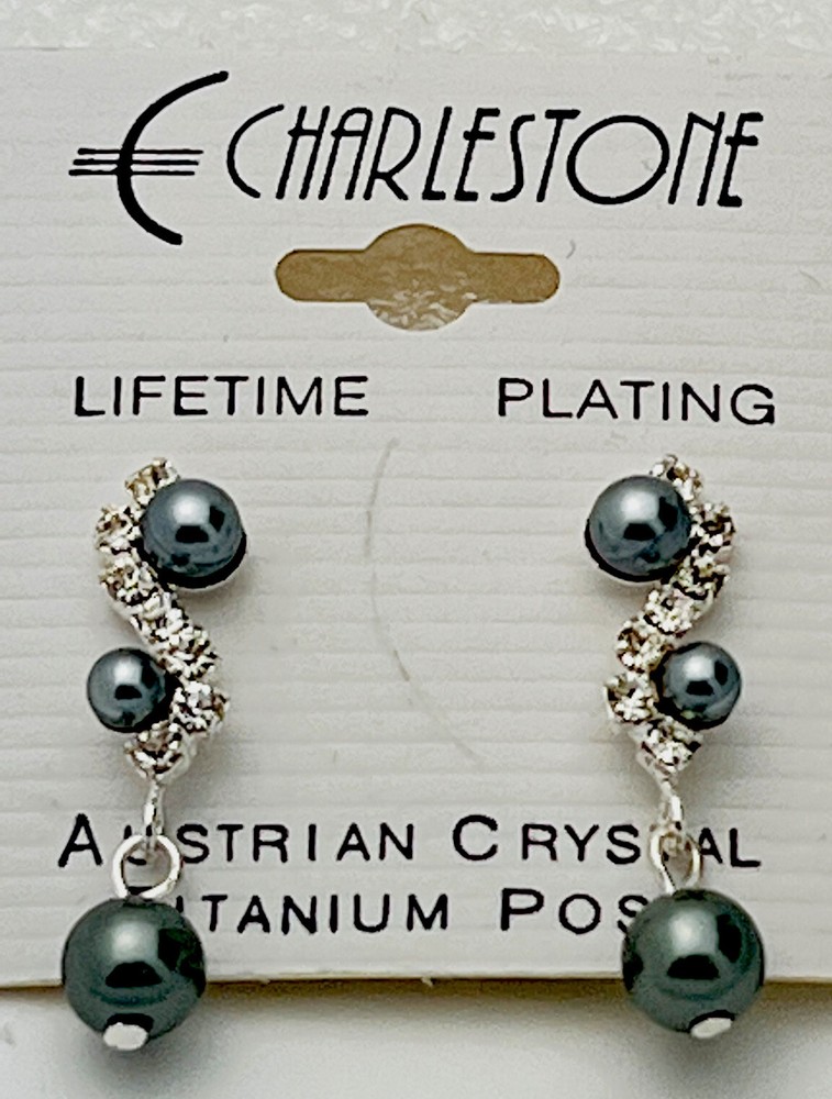 Vintage Charlestone Silver Tone Faux Pearl 32 Crystal Titanium Post Earrings