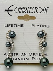 Vintage Charlestone Silver Tone Faux Pearl 32 Crystal Titanium Post Earrings
