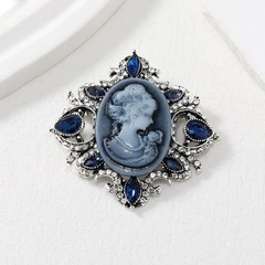Vintage Cameo Lady Rhinestone Brooch Pin for Women Girls Antique Medium, Blue