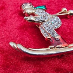 Vintage Skier Brooch Pin Gold Tone Rhinestone Encrusted Green Red Enamel Winter