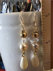 Repurposed Vintage Cream Glass pearl Crystal Teardrop earrings Goldp. Hooks