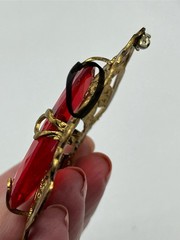 Vintage Large Red Glass Ornamental Brass Setting Brooch Missing Pin READ