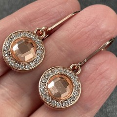 Vintage 1” Faceted Orange Rhinestone Clasp Earrings Rose Gold Metal