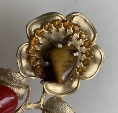 Vintage Flower 2.5” Pin & 1” ER W/ Natural Tigers Eye Stone & Gold Rhinestones