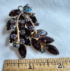 Vintage Amethyst Rhinestone Spray Brooch AB Crystal Gold Tone Mid Century