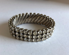 Clear Rhinestone & Silver Tone Stretch Cuff Bracelet & Fringe Screw Earrings VTG
