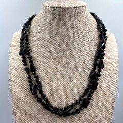 Vintage Double Strand Jet Black Beaded Statement Necklace Mixed Shapes Art Deco