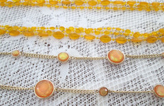 Vintage Orange Gold 3 Strand Lucite Bead + Faux Fire Opal Chain Necklaces Set 2
