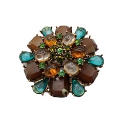 Vintage Art Deco Style Brooch Tea Brown Floral Rhinestone Acrylic Pin 2 1/4 in