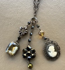 Vintage David Aubrey Necklace Cameo Crystal Rhinestone 30” Long + 2 1/4” Drop