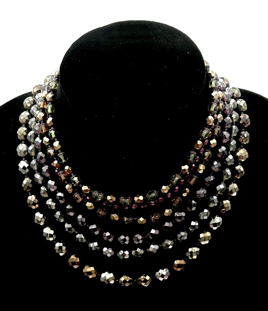 VTG Multi Strand GOLD FUMED Brown CRYSTAL NECKLACE Rhinestone Hook Clasp 1969