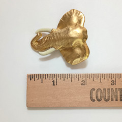 AJC Elephant Head Brooch Signed Gold Tone Faux Ivory Tusks Vintage Statement