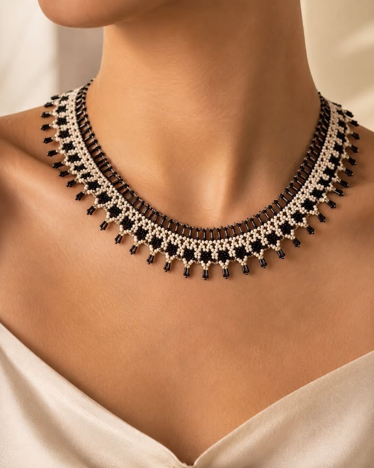 Vintage 1970s Victorian Style Black White Beaded Collar Necklace Statement 16.5″