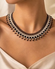 Vintage 1970s Victorian Style Black White Beaded Collar Necklace Statement 16.5″