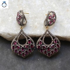 Natural Pave Diamond Earrings 925 Sterling Silver Rhodonite Gemstone Jewelry