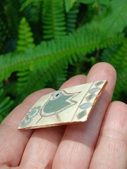 Vintage Studio Ceramic Art Brooch Pin Blue White Bird In Flower Garden Denmark