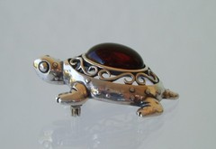 Jezlaine Turtle Filigree & Amber Brooch Pin 925 Sterling Silver Vintage Signed