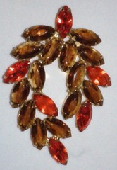 Large Vintage Rhinestone Brooch Fall Color Navette Topaz Glass Orange Crystal