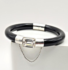 Art Deco Black Onyx Sterling Silver Bangle Bracelet Crystal Center 8” Wrist