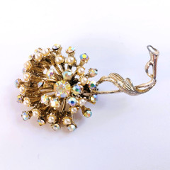 Vintage Mid-Century Aurora Borealis Rhinestone & Faux Pearl Flower Brooch