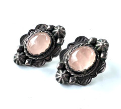 Vintage Rose Quartz Southwestern Stud Earrings Tested As Sterling Silver #22