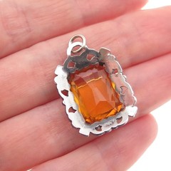 835 Silver Antique Art Deco Real Citrine Floral Oxidized Charm Pendant