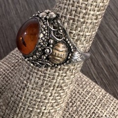 Vintage 925 Sterling Silver Genuine Amber Ring Cognac Cabochon Floral Sz 6.75